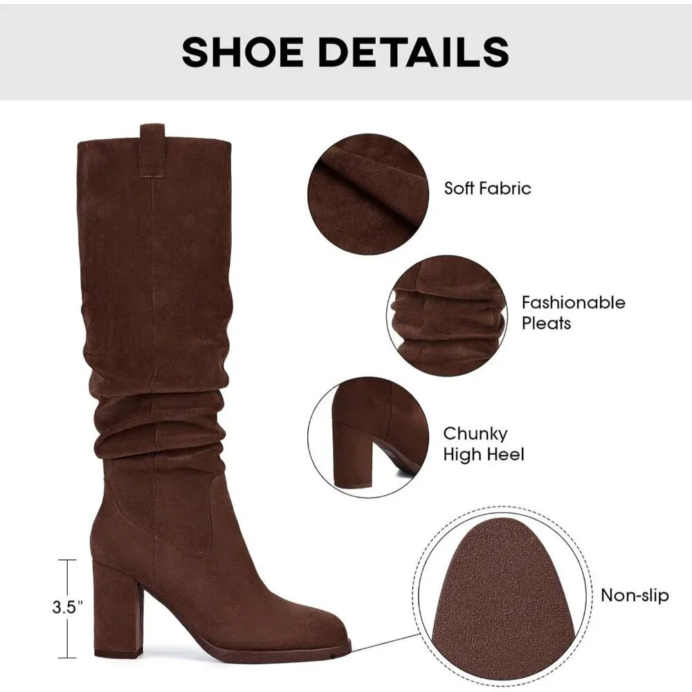 Women's Chocolate Tall Chunky High Heel Side Zipper Knee High Boots With Party